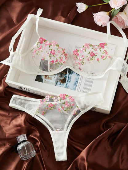 Semi-Sheer Floral Embroidered Bra & Panty Set – Elegant Sleepwear Lingerie