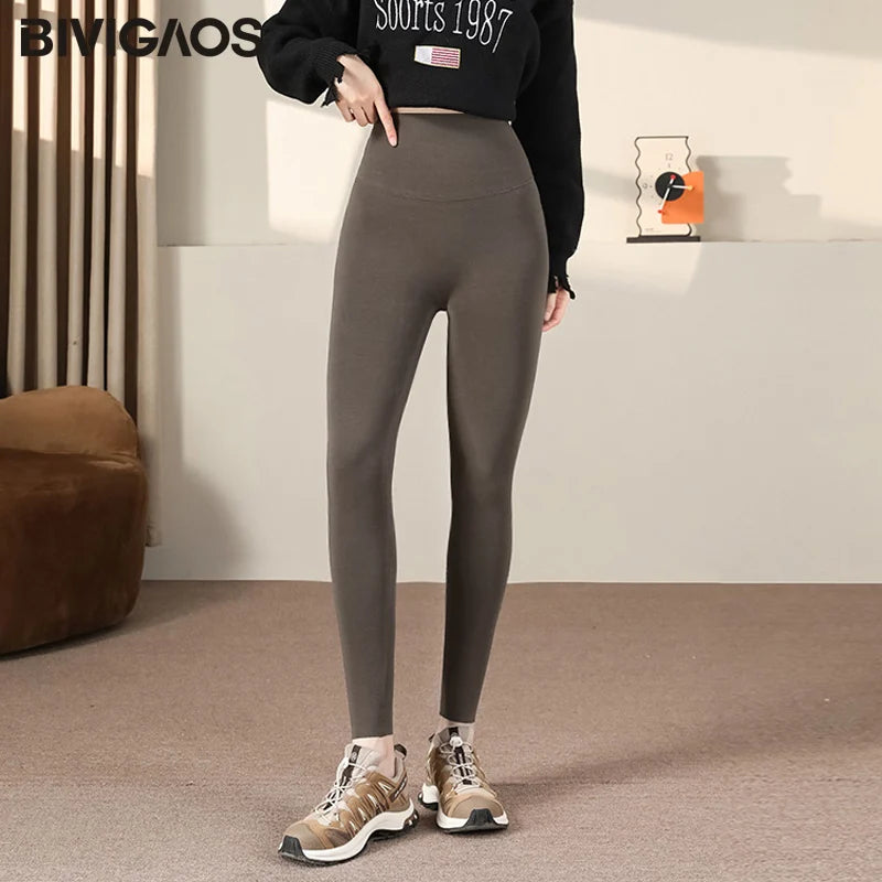 Women's Autumn Winter High-Waist Fleece-Lined Cotton Leggings