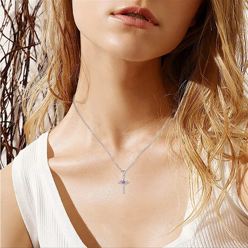 Bohemian Women Amethyst Zircon Butterfly Cross Pendant Necklace Engagement Necklaces for Women Stainless Steel Jewelry Gift