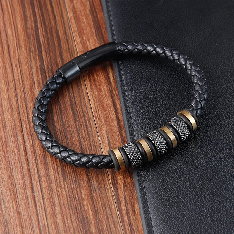 New Style Men’s Braided Leather Bracelet with Stainless Steel Beads – Trendy Punk Jewelry