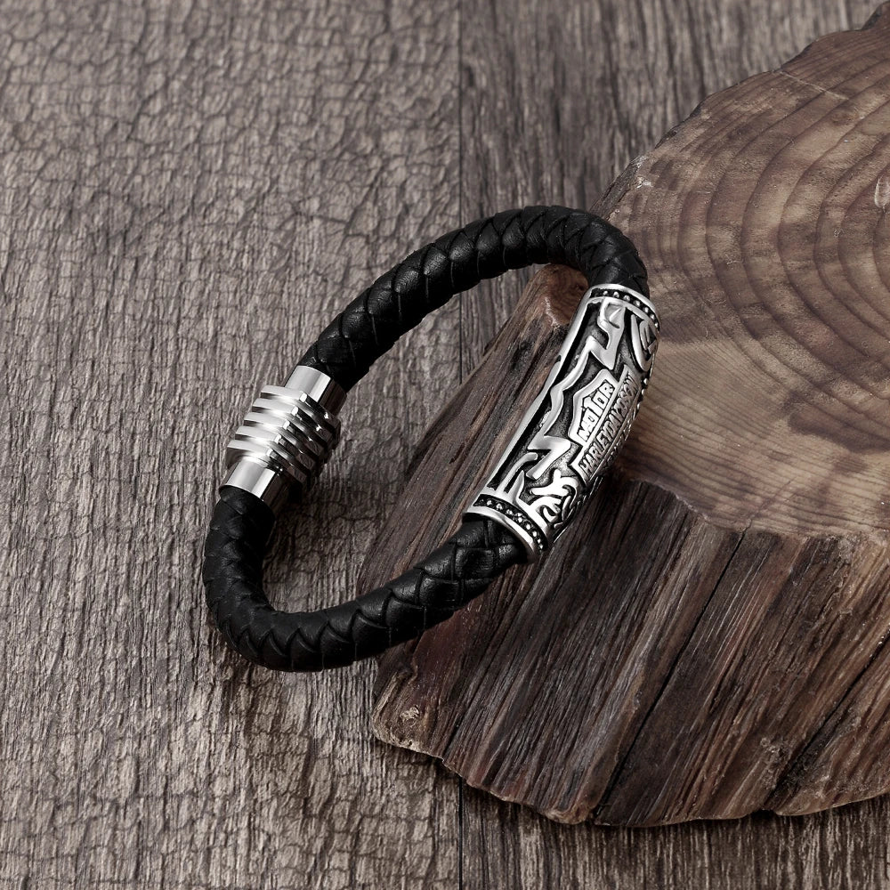 Viking Leather Bracelet for Men - Stainless Steel Bead Woven Jewelry