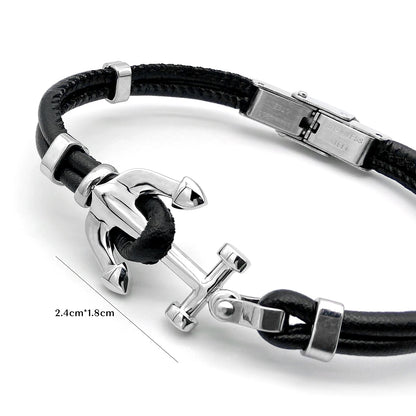 Men's Black Braided Anchor Bracelet with Runda Leather and Steel