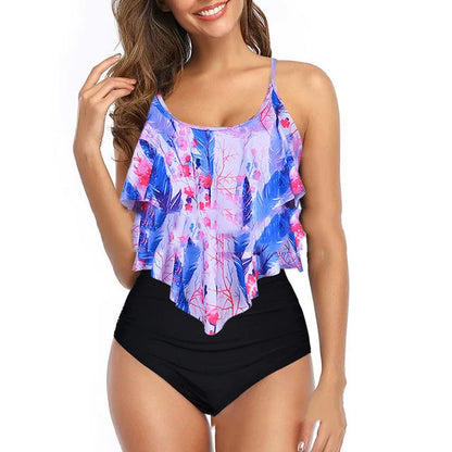 Swimwear Ruffles Women’s Two-Piece Set – High Waist Bikini with Printed Beachwear & Push-Up Tankini