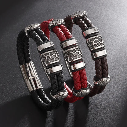 Double Layer Punk Brown Braided Leather Bracelet for Men Metal Magnetic Clasp Business Bracelet Man Jewelry Gift