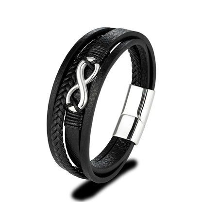 MKENDN Classic Men’s Infinity Bracelet - Braided Leather & Black Steel