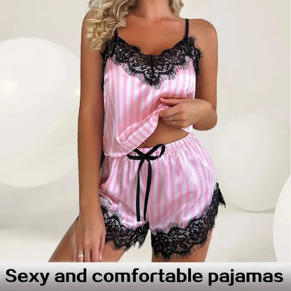 Two Piece Women's V-Neck Sexy Lace Suspender Pajama Shorts Set