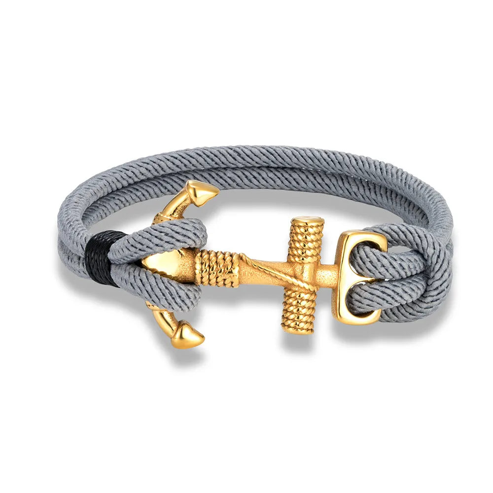 Navy Style Anchor Bracelets for Men Women Double Strand Nautical Surfer Rope Bracelet Gold Plated Stainless Steel Jewelry Gift