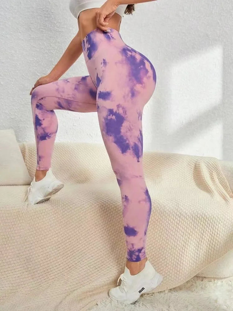 Tie Dyed Peach Hip Yoga Pants with High Waist, Seamless, Booty Lifting Leggings