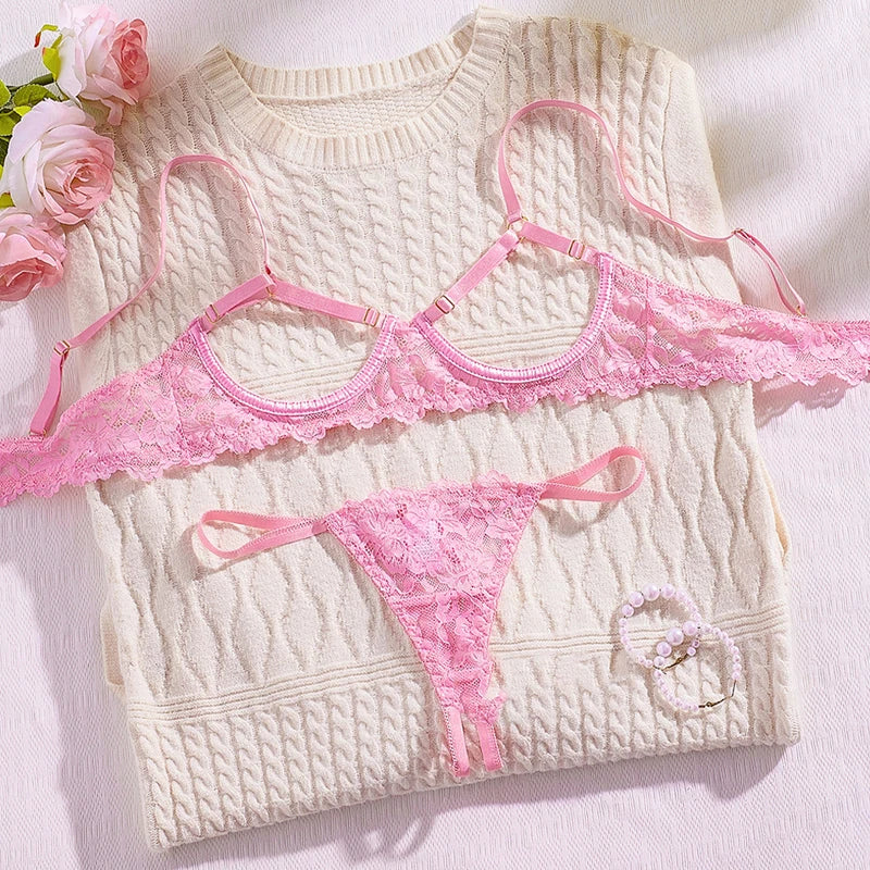 Sexy Lace Lingerie Set for Women – See-Through Bra and Panty in Solid Color Mesh