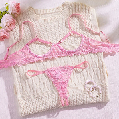 Sexy Lace Lingerie Set for Women – See-Through Bra and Panty in Solid Color Mesh