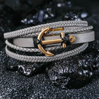 Stainless Steel with Leather Men's Anchor Bracelet