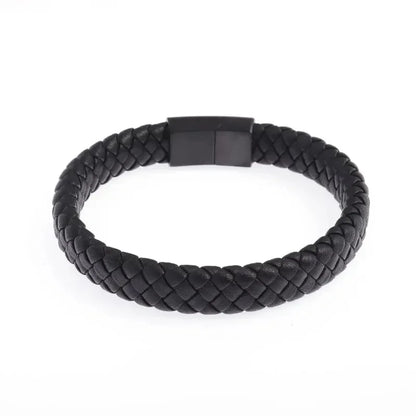 Classic Single-Layer Black Leather Bracelet with Magnetic Clasp