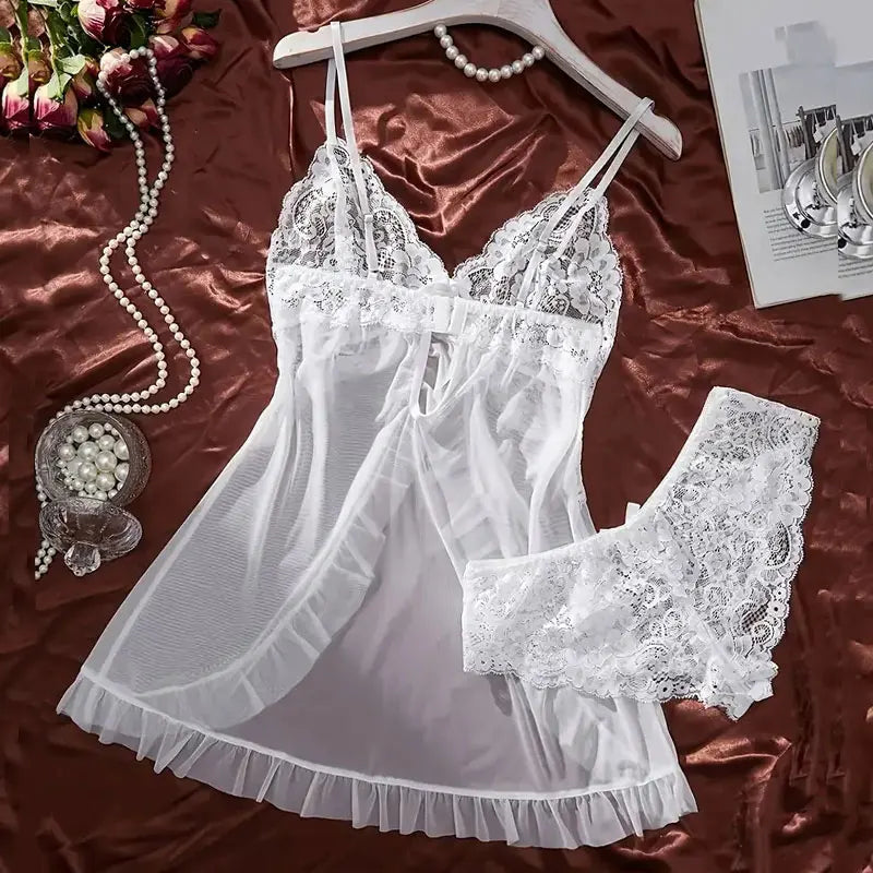 Ultra Sexy Tulle Nightgown Set – V-Neck Sheer Lingerie with Bra & Skirt