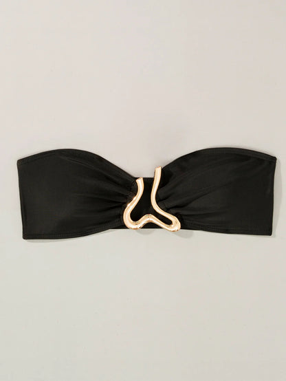 Solid Strapless Bikini 3 Piece Set Women Metal Split Swimsuit High Waist Beach Skirt New Summer Swimwear Bikini Set