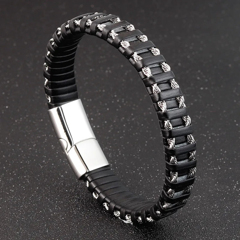 Braided Rope Woven Black Leather Bracelet for Men – Punk Style Stainless Steel Bangle