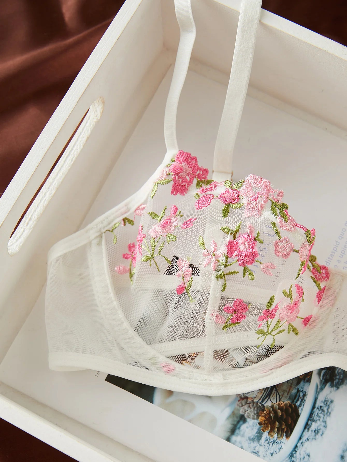 Semi-Sheer Floral Embroidered Bra & Panty Set – Elegant Sleepwear Lingerie