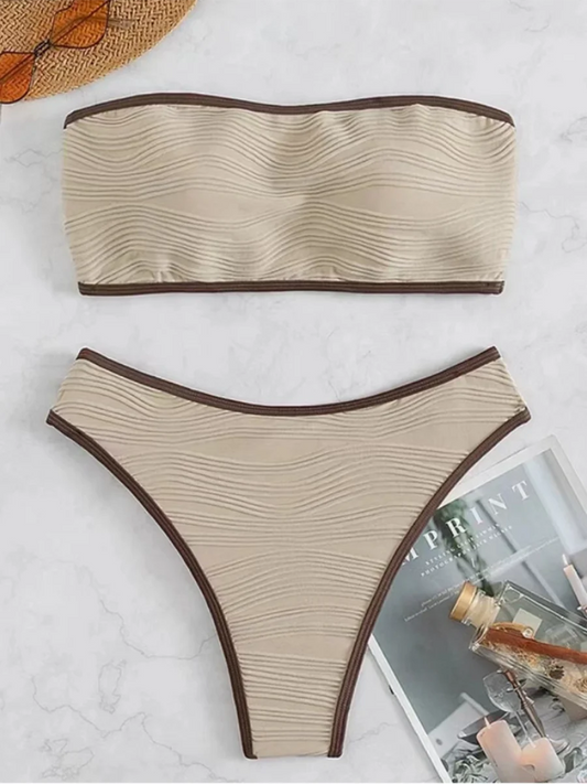 Contrast Binding Bandeau Bikini Set for Women – Push Up Thong Swimwear for Summer Beachwear