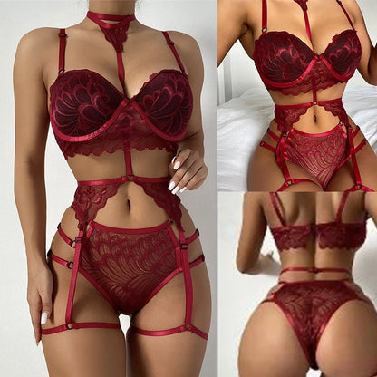 Halter Lingerie Set with Garters - Alluring Lace & Leg Loop Detail