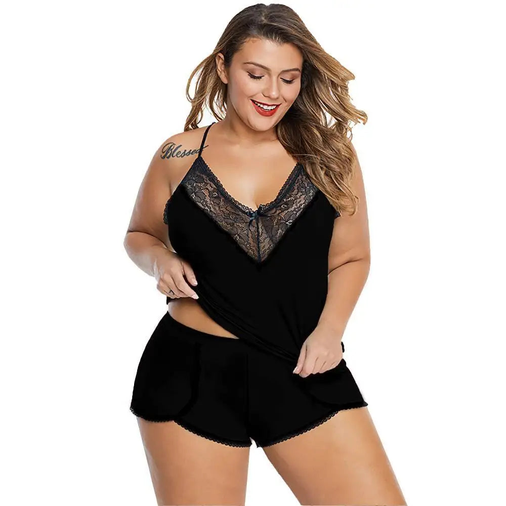 Plus Size Lace Lingerie Set - Alluring Camisole Top & Shorts