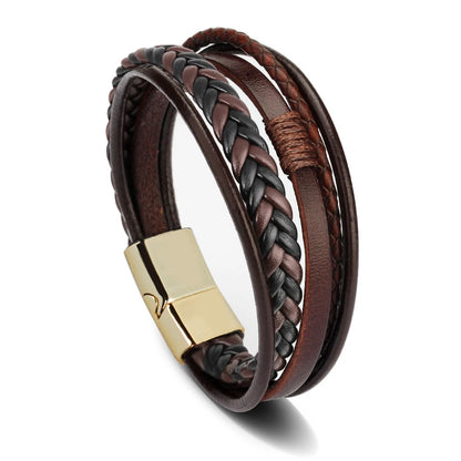 Trendy Leather Bracelets for Men – Stainless Steel Multilayer Braided Rope Jewelry