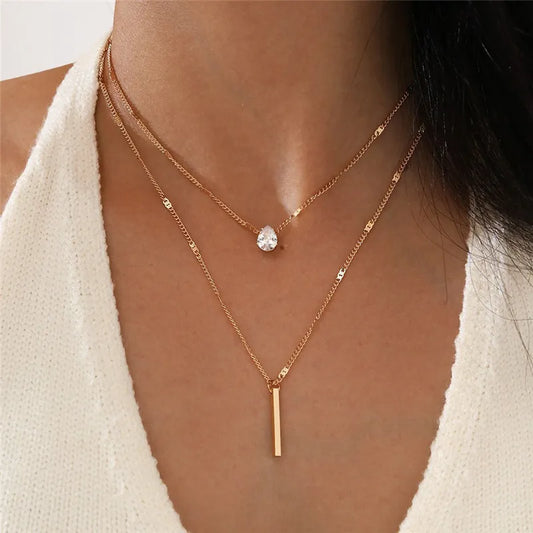 Simple Crystal Geometric Gold Color Pendant Necklace Set for Women Vintage Jewelry