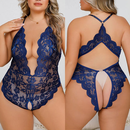 Plus Size Lace & Mesh Bodysuit - Alluring Hollow-Out Design in Black