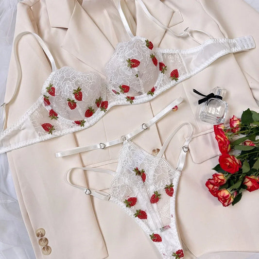 Strawberry Embroidered Lingerie Set – Sheer Underwire Bra & Panty