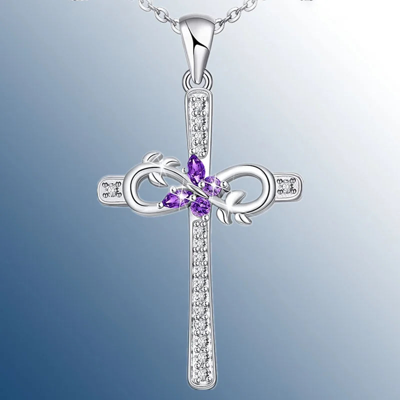 Bohemian Women Amethyst Zircon Butterfly Cross Pendant Necklace Engagement Necklaces for Women Stainless Steel Jewelry Gift