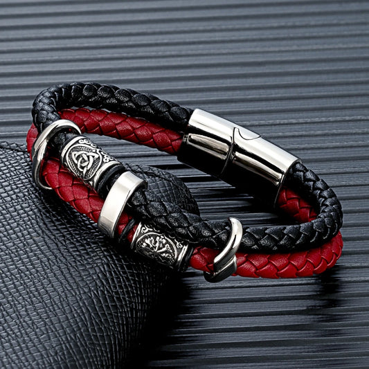 MKENDN Punk Viking Style Stainless Steel Compass Norse Runes Amulet Beads Braided Leather Bracelet for Men