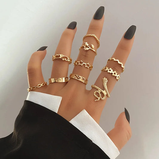 10pcs Punk Gold Color Chain Finger Rings Set For Women