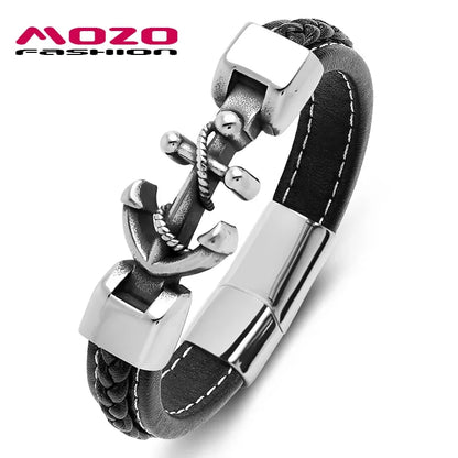 Men's Leather Anchor Bracelet with Stainless Steel, Trendy and Stylish Cuff Bracelet