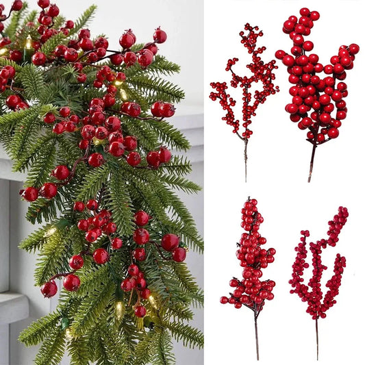 5PCS Christmas Berries Pine Branches Artificial Red Berry