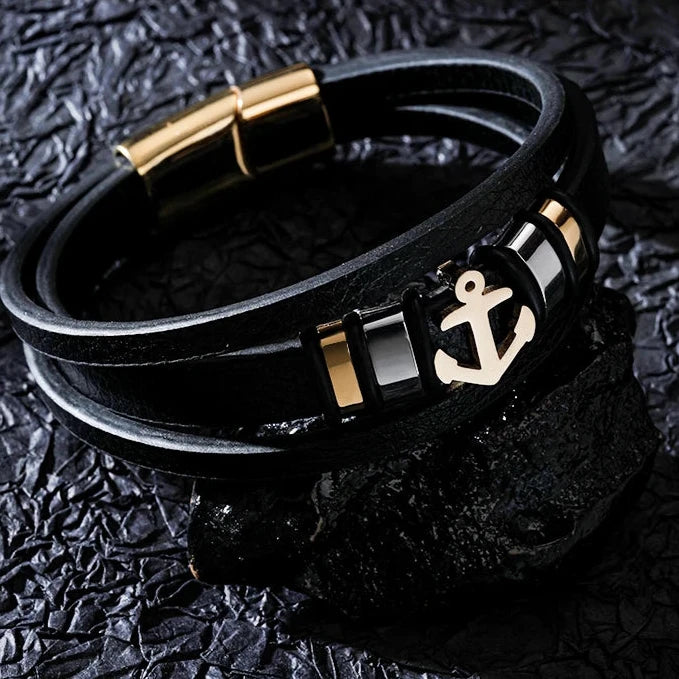 Stainless Steel with Leather Men's Anchor Bracelet