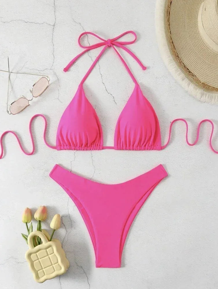 Women's Lace-Up Halter Thong Bikini Set