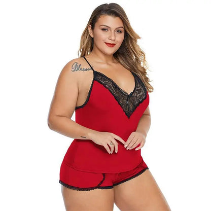 Plus Size Lace Lingerie Set - Alluring Camisole Top & Shorts