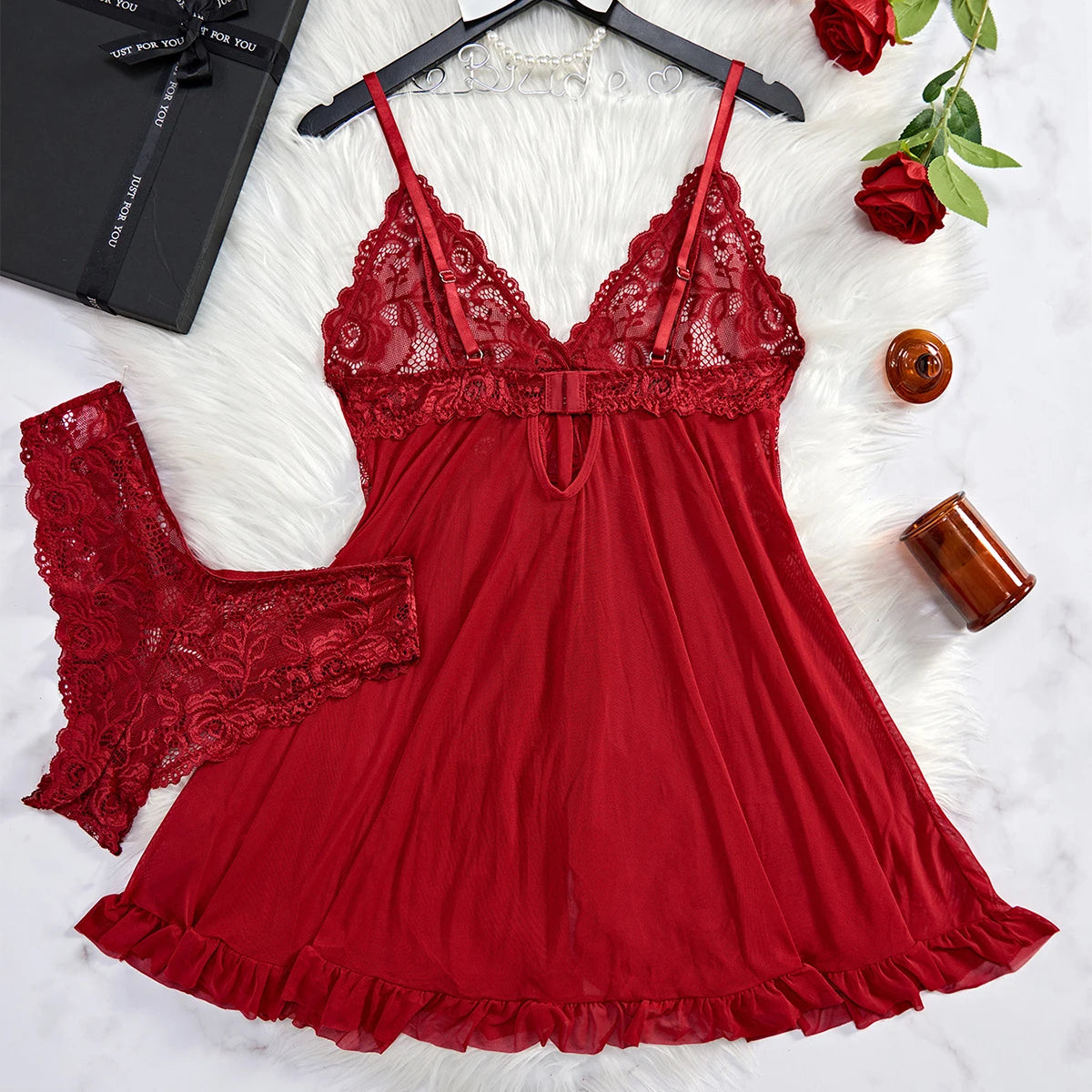 Transparent Red Lace Nightdress Set – Sheer Sleepwear with Panty