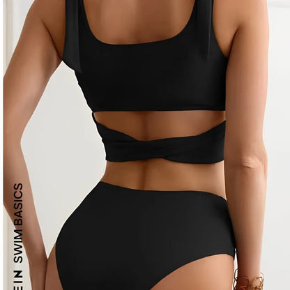 Women's Two Piece High Waist Bikini Set – Knotted Solid Color Swimwear