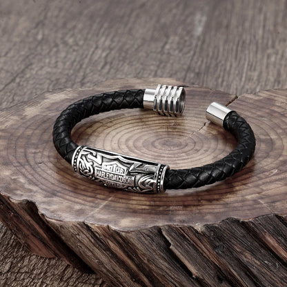 Viking Leather Bracelet for Men - Stainless Steel Bead Woven Jewelry