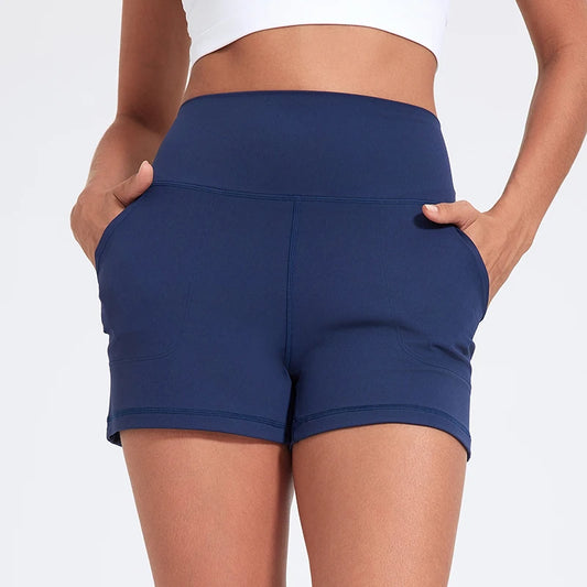 Women High Waisted Swim Shorts with Pockets – Scrunched Booty, Gym & Yoga Ready