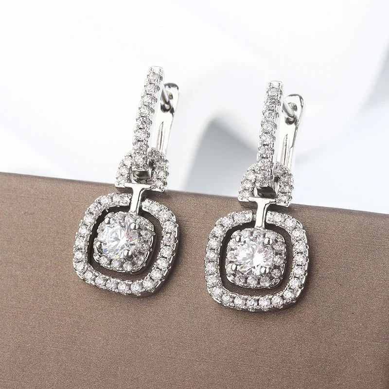 New Fashion Luxury Silver Square Drop Earrings Wedding Bridal Accessories Shining Zircon Elegant Women 925 Silver Jewelry