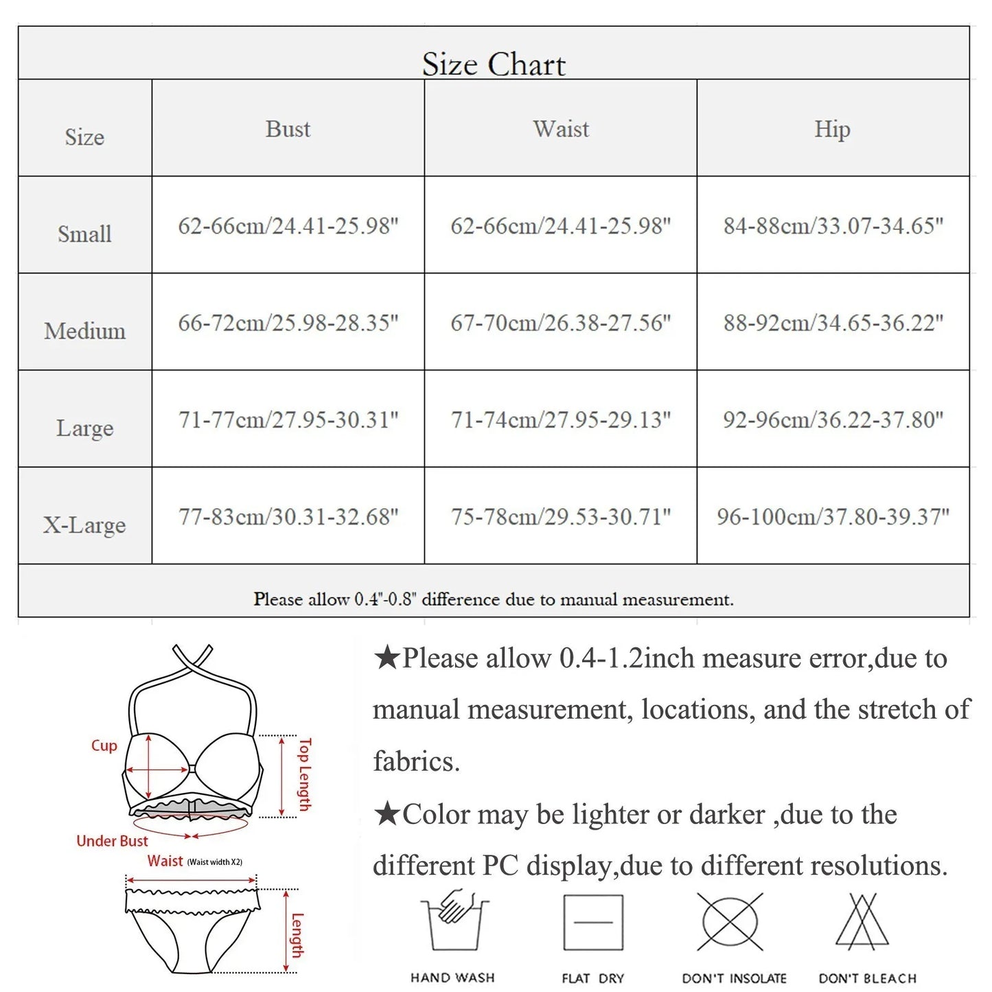 Size chart for a bra and panties set with measurements in inches and centimeters.