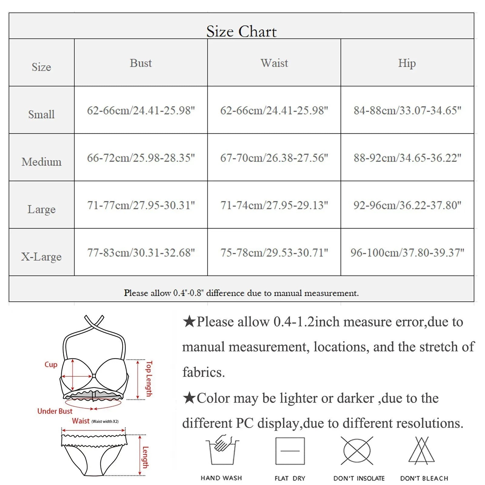 Size chart for a bra and panties set with measurements in inches and centimeters.