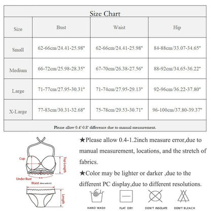 Size chart for a bra and panties set with measurements in inches and centimeters.