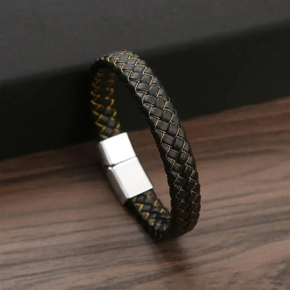 Jiayiqi Punk Men Jewelry Black/Brown Braided Leather Bracelet Stainless Steel Magnetic Clasp Fashion Bangles Gift 18.5/22/20.5cm