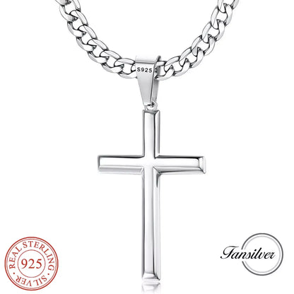 Fansilver S925 Sterling Silver Cross Necklace for Men & Women - 5mm Durable Cuban Pendant