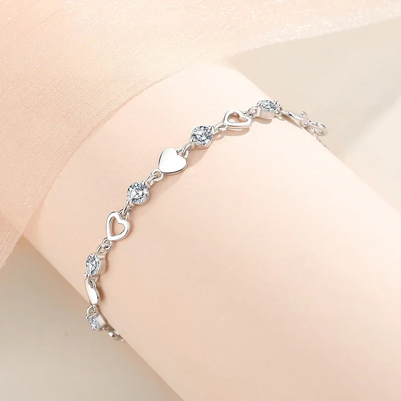 925 Sterling Silver Hollow Heart Zircon Eternity Bracelet For Women