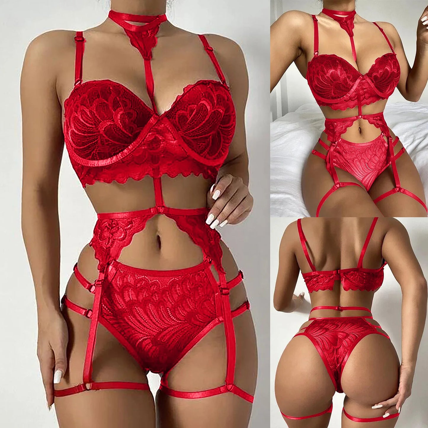 Halter Lingerie Set with Garters - Alluring Lace & Leg Loop Detail