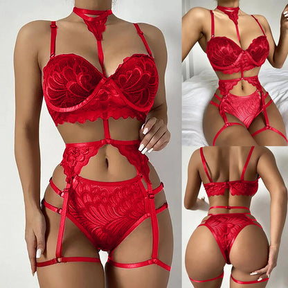Halter Lingerie Set with Garters - Alluring Lace & Leg Loop Detail