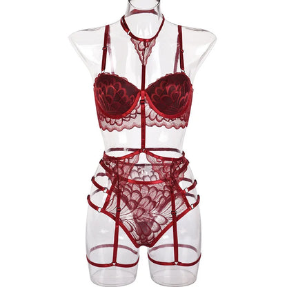 Halter Lingerie Set with Garters - Alluring Lace & Leg Loop Detail