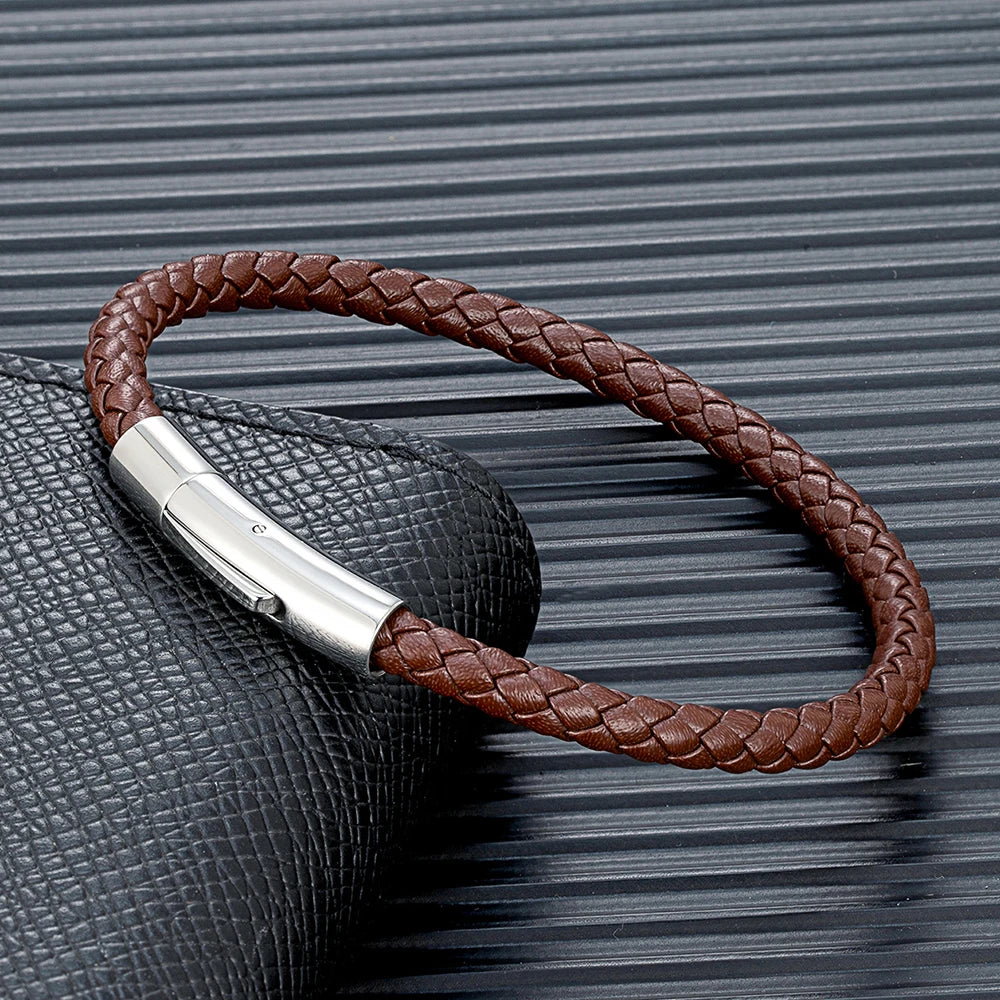 MKENDN Classic Blue Braided Leather Bracelet with Stainless Steel Magnetic Buckle